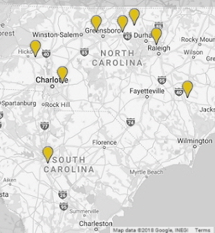 Click on the map for more information about our shop locations in NC, SC and TN